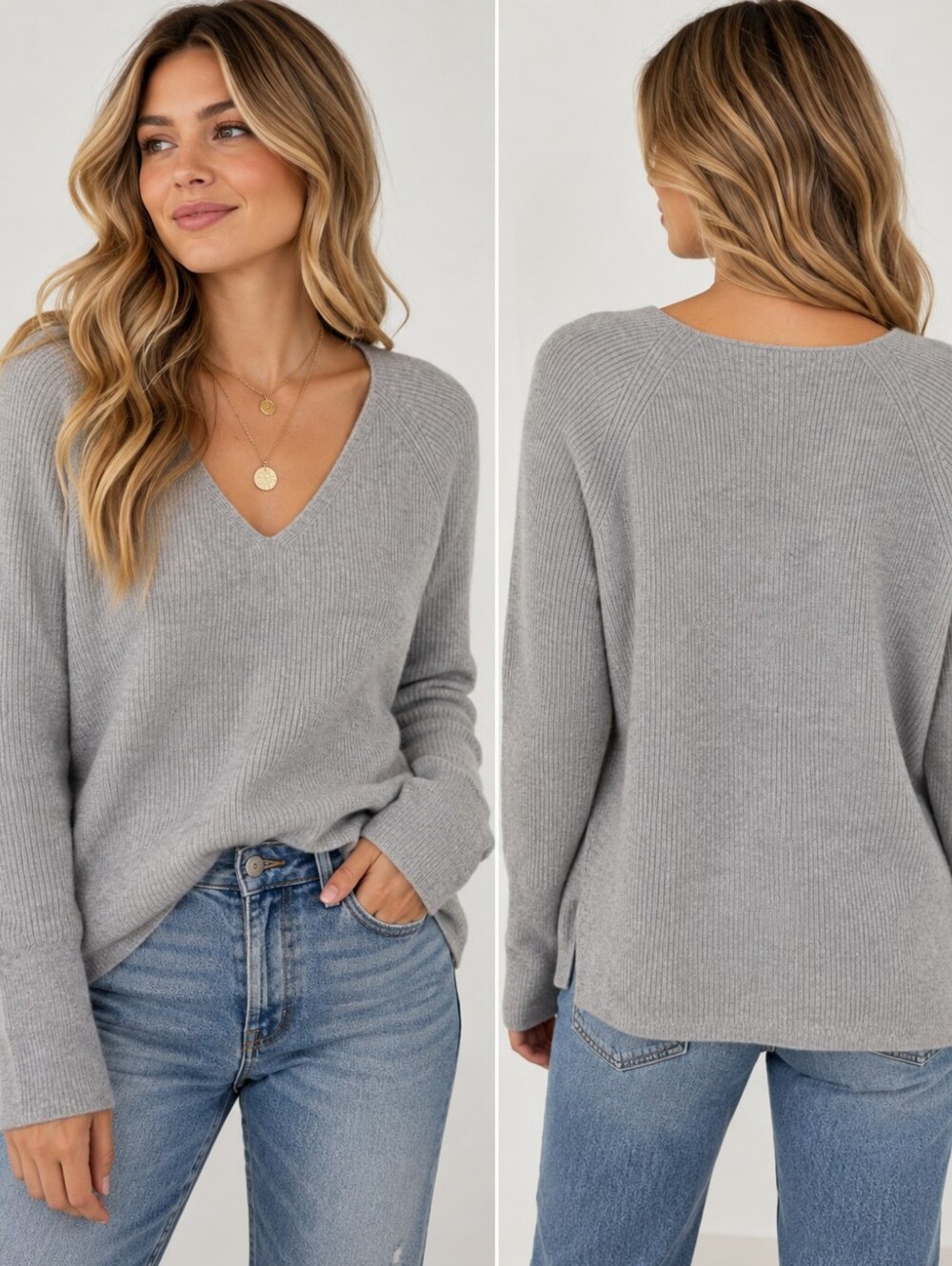 Sundance 100% Cashmere Gray Ribbed V-Neck Sweater Size Large